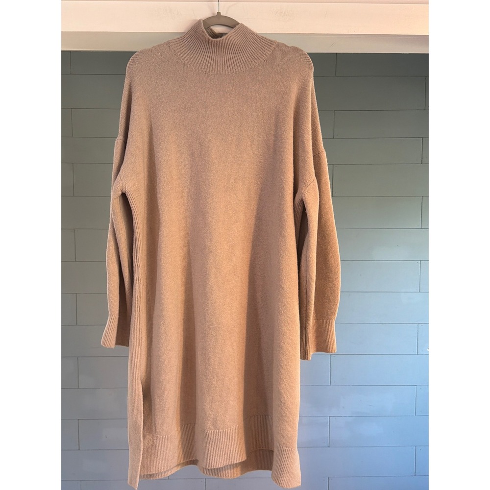 HM Womens XL Beige Knit Mock Neck Long Sleeve Sweater Dress Wool Blend Tan